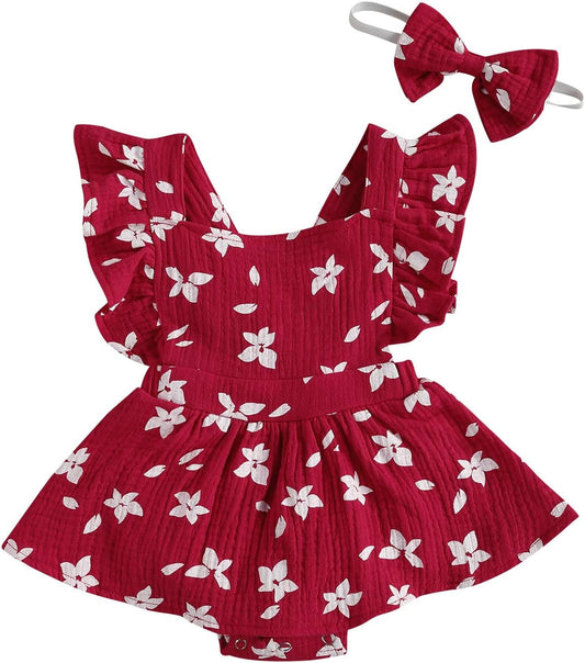 Baby Girls Daisy Playsuits Ruffled Bodysuit+Headband Print Fly Sleeve Romper Floral Jumpsuit Infant Summer Clothes